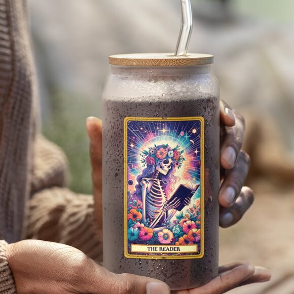 The Reader Tarot Card Tumbler, Gothic Floral Skeleton Cup, Cute Bookish Gift - Picture 3 of 6